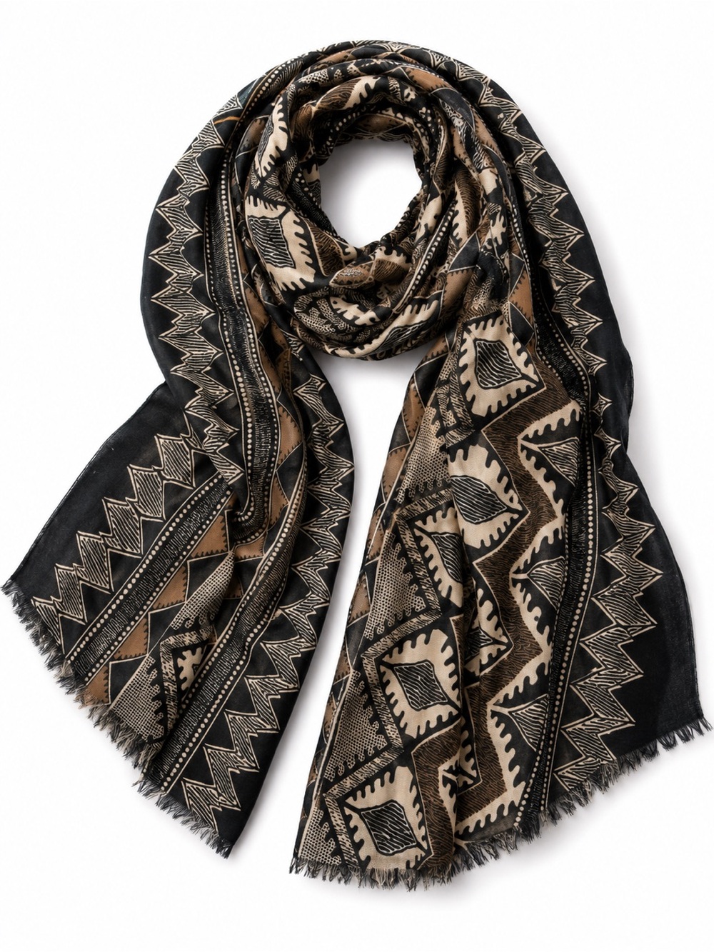 Elegant Black & Tan Geometric Pattern Lightweight Scarf